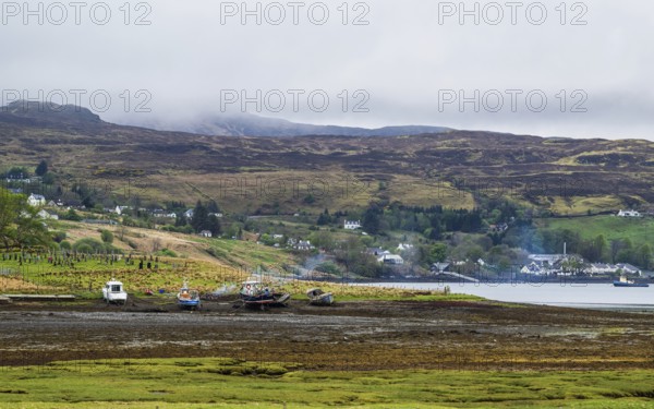Farms over Loch Harport, Drynoch, Isle of Skye, Scotland, UK