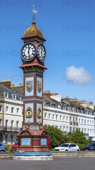 Clock tower on seaside in Weymouth, Esplanade, Weymouth, Dorset, England, United Kingdom