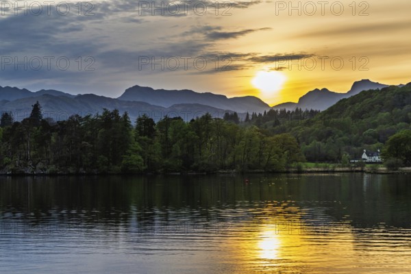 Sunset over Windermere Lake, Ambleside, Lake District, Cumbria, England, United Kingdom
