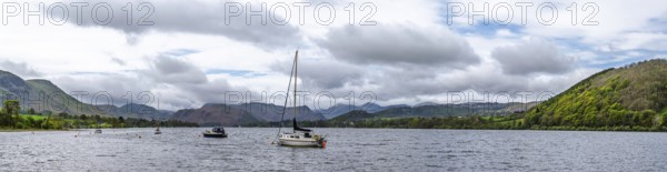 Panorama of moutains and Boats, Ullswater Lake, Pooley Bridge, Lake District National Park, Cumbria, England, United Kingdom