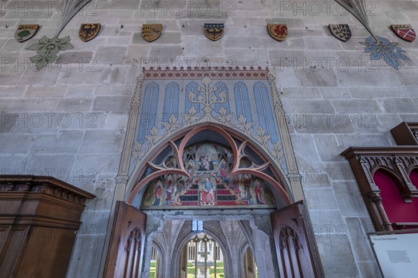 Painting c. 1335, Mary as the Throne of Solomon in the arched area above the exit door of the Bruderhalle, Bebenhausen Abbey, Bebenhausen district of Tübingen, Baden-Württemberg, Germany