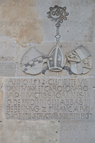 Coat of arms and tombstone of Johannes von Fridingen, 1458 to 1534, last abbot of Bebenhausen Abbey, Bebenhausen district of Tübingen, Baden-Württemberg, Germany
