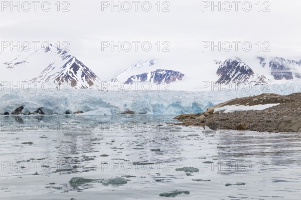 Ice in front of glacier tongue, sea, mountain range, Smeerenburgbreen, Spitsbergen, Svalbard