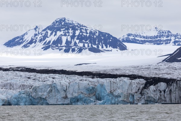 Glacier tongue, mountain top, sea, Smeerenburgbreen, Spitsbergen, Svalbard