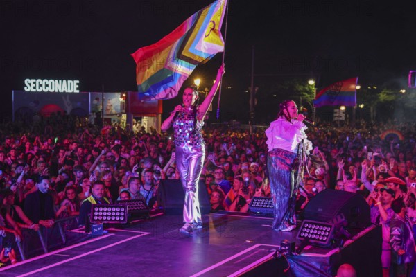 Bahar Kizil and Senna Gammour from the band Monrose at the 47th Christopher Street Day under the motto Never be quiet again in Berlin on 26 July 2025