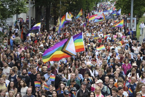 Overview of the participants with colourful rainbow flags at the 47th Christopher Street Day under the motto Never again silent in Berlin on 26.07.2025