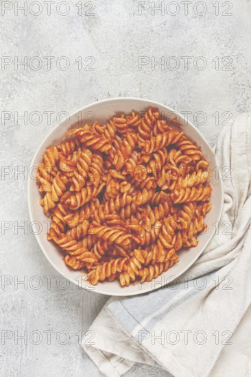 Fusilli pasta dish, made with tomato sauce, homemade, no people