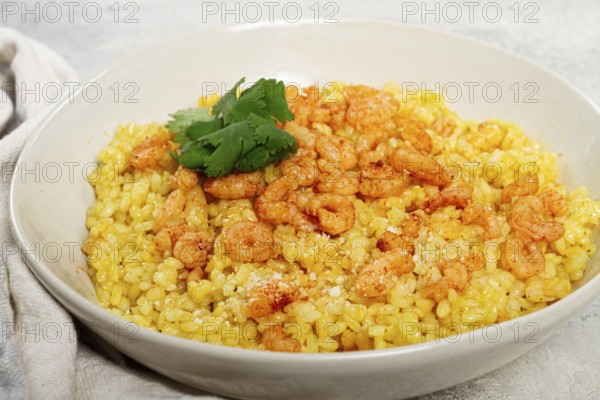 Risotto with shrimp, in a bowl, on a textured surface, with a side dish of fresh coriander, homemade, no people
