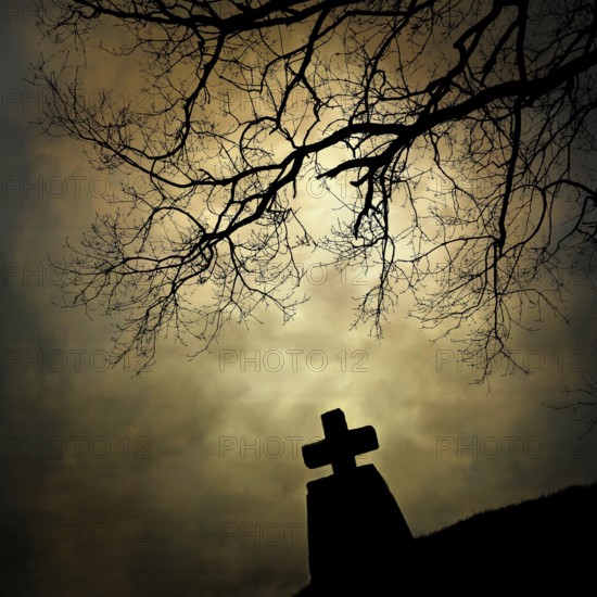 A stone cross emerges from the landscape, silhouetted by the cloudy sky. An isolated tree stretches its branches nearby, creating a solemn atmosphere in Auvergne, France at twilight