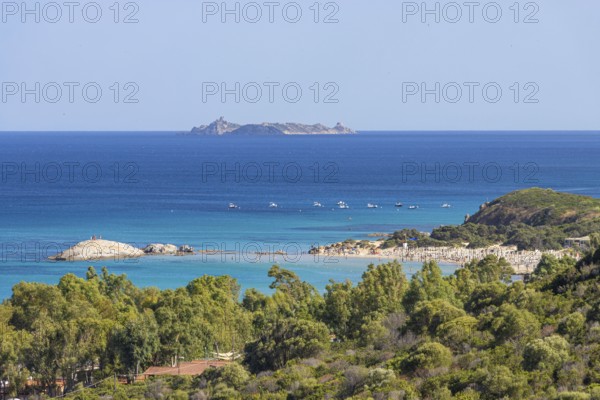 From the Costa Rei, a south-eastern coastal section of the Italian Mediterranean island of Sardinia, you have a view of the uninhabited island of Serpentara, on which the Torre di San Luigi observation tower is located, Sardinia, Costa Rei, Italy