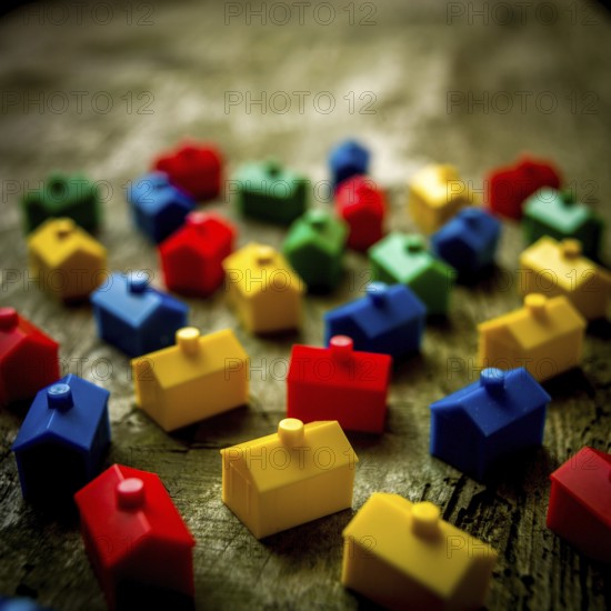 Numerous small houses in bright colors are arranged on a textured wooden surface, inspiring a lively atmosphere that evokes classic board game excitement for players of all ages