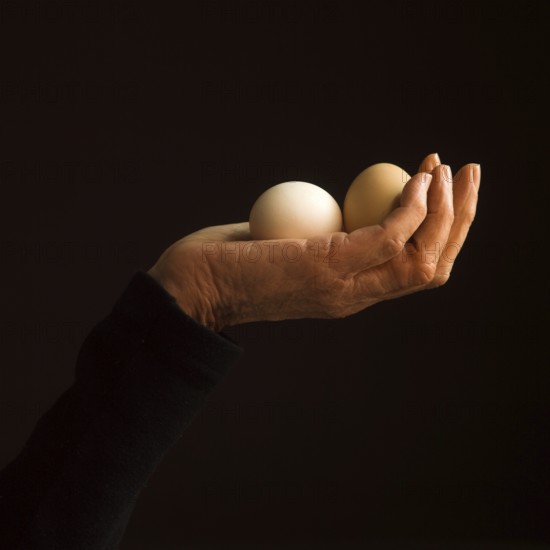 A hand holds two eggs delicately, emphasizing their round shapes and smooth textures. The contrast against the dark background creates a striking visual, showcasing the beauty in this simple moment