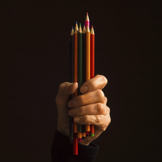 A hand grasps a variety of colored pencils, showcasing the range of colors. The scene is illuminated against a dark background, emphasizing the vibrant hues of the pencils