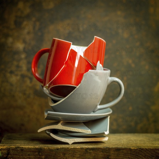 Stack of broken red mug and gray plate pieces on rustic wooden surface, showcasing fractured pottery in unpolished environment