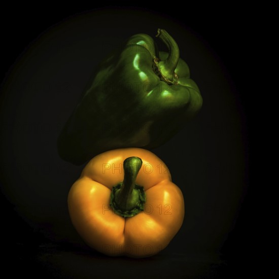 Two vibrant bell peppers, one green and one yellow, are prominently displayed against a black background, showcasing their glossy surfaces and natural shapes. This arrangement emphasizes freshness