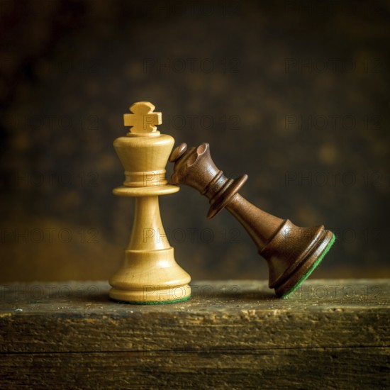 Two intricately designed chess pieces, a golden king and a dark queen, lean against each other on an aged wooden surface, symbolizing the strategic dance of chess in a tranquil environment