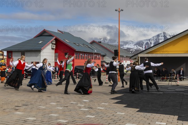 Folk dance at the reception for King Harald at the end of coal mining, Longyearbyen, Spitsbergen