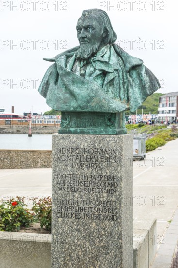 Sculpture, monument, bust, bronze bust of August Heinrich Hoffmann von Fallersleben, author of the later German national anthem, Das Lied der Deutschen, on a stone pedestal with a view of the sea in the background the North Sea, the Halunderjet in the harbour and the lobster shacks, colourful, brightly coloured buildings, writer, poet, unity and justice and freedom, Helgoland spa promenade, Schleswig-Holstein, Germany