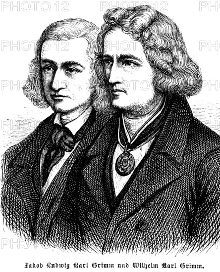 Brothers Grimm, Jakob Grimm and Wilhelm Grimm, authors, authors of the famous Children's and Household Tales, German Dictionary, Prussia, portrait, historical illustration 1896