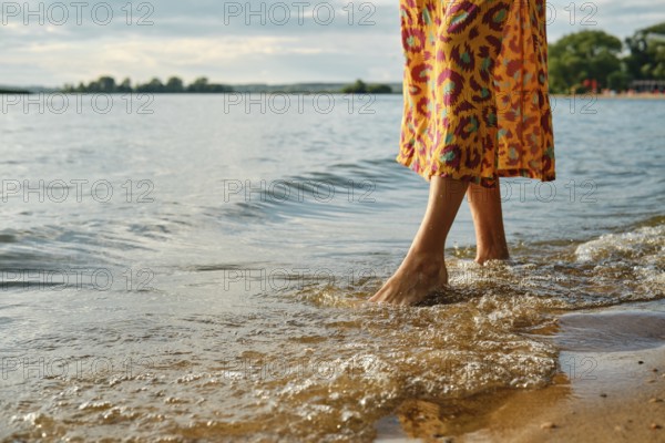 Woman wading in shallow water wearing bright dress by the lakeside during golden hour