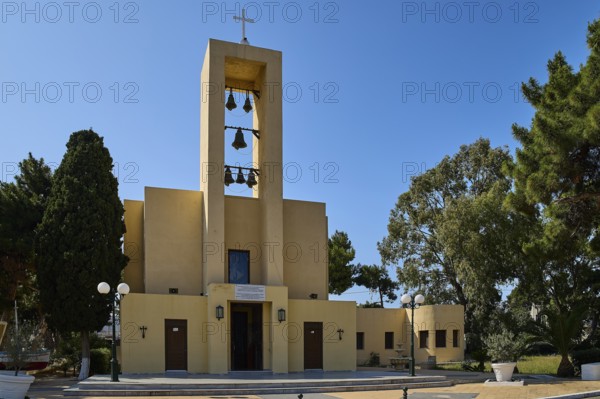 Church of Saint Francis, Church of Saint Nicholas, Agios Nikolaos, Modern church with bell tower and trees in the background, Armando Bernabiti, Historicism, Rationalism, Art Deco, Rationalism, Rodolfo Petraco, Fascism, Portolago, Lakki, Leros, Dodecanese, Greek Islands, Greece