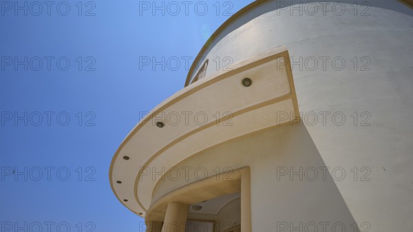 Theatre, Cinema, Round detail of a modern building architecture under a clear blue sky, Armando Bernabiti, Historicism, Rationalism, Art Deco, Rationalism, Rodolfo Petraco, Fascism, Portolago, Lakki, Leros, Dodecanese, Greek Islands, Greece