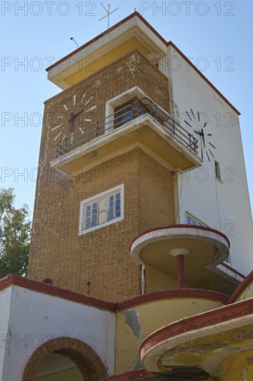 Market Hall, An interesting historic clock tower with brick façade and geometric design, Armando Bernabiti, Historicism, Rationalism, Art Deco, Rationalism, Rodolfo Petraco, Fascism, Portolago, Lakki, Leros, Dodecanese, Greek Islands, Greece