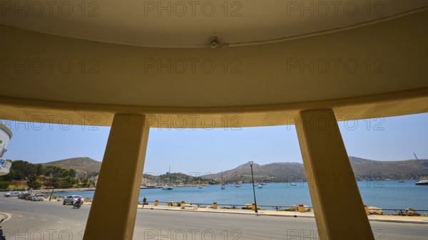 Theatre, Cinema, Circular view of the sea and the mountains from inside a building with columns, Armando Bernabiti, Historicism, Rationalism, Art Deco, Rationalism, Rodolfo Petraco, Fascism, Portolago, Lakki, Leros, Dodecanese, Greek Islands, Greece