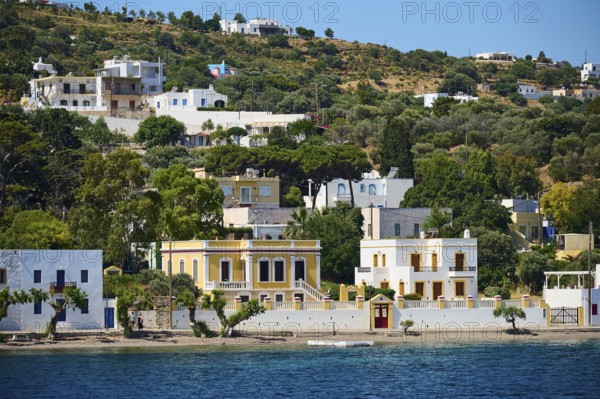 Yellow villa with surrounding trees on the seashore in a quiet location, Lakki, Leros, Dodecanese, Greek Islands, Greece