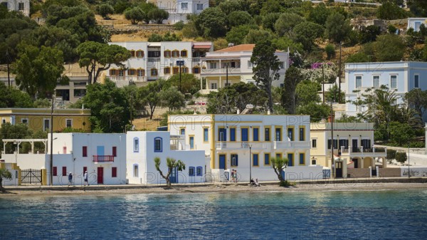 Colourful coastal houses with palm trees along a blue stretch of sea, Lakki, Leros, Dodecanese, Greek Islands, Greece