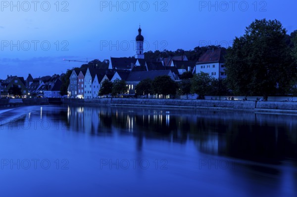 Barrage on the Lech, Landsberg, in the blue hour, Upper Bavaria, Bavaria