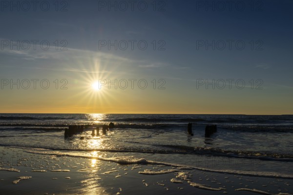 Sunset by the sea, waves, North Sea, Rantum, Sylt, Schleswig-Holstein
