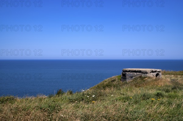 Former German bunker, Atlantic Wall, Second World War, D-Day, Étretat, sea, steep coast, cliffs, chalk cliffs, alabaster coast, La Côte d'Albâtre, Normandy, Seine-Maritime, France