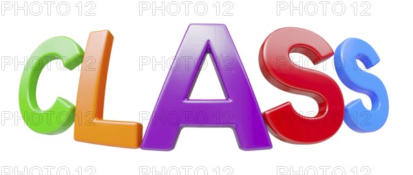 Plastic magnetic letters with fisheye lens spelling the word class isolataed on a white background