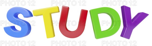 Plastic magnetic letters spelling the word study isolated on a white background