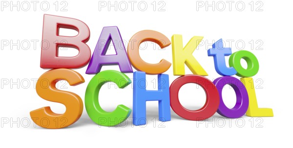 Stacked plastic magnetic letters with drop shadow spelling the phrase back to school in perspective isolated on a white background