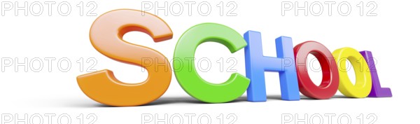 Plastic magnetic letters in perspective with drop shadow spelling the word school isolated on a white background