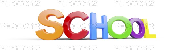 Angled plastic magnetic letters with drop shadow spelling the word school isolated on a white background