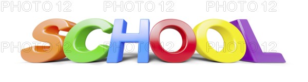 Low angle plastic magnetic letters with drop shadow spelling the word school isolated on a white background