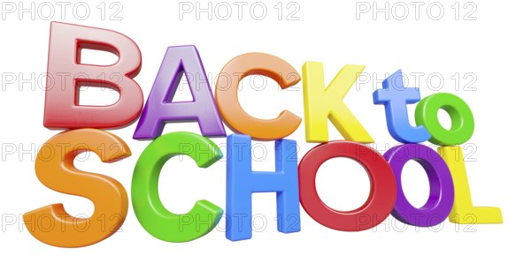 Stacked plastic magnetic letters spelling the phrase back to school in perspective isolated on a white background