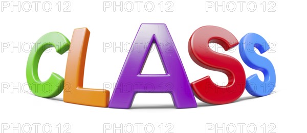 Plastic magnetic letters with fisheye lens and drop shadow spelling the word class isolataed on a white background