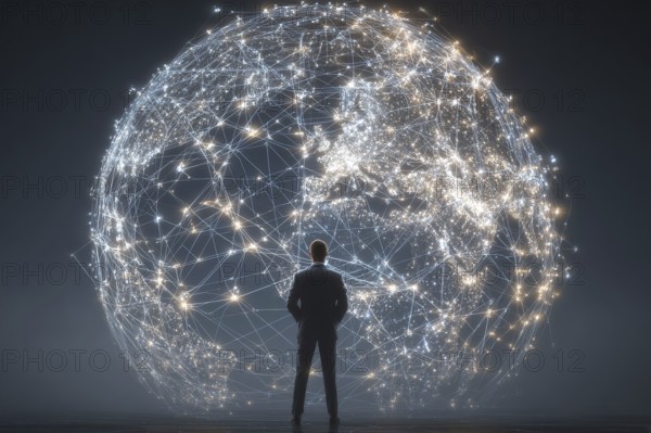 Businessman standing in front of the illuminated globe that shows light interconnections over the networked connection, AI generated
