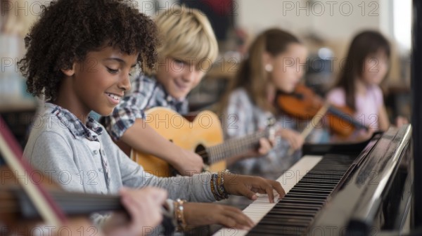Diverse children paying musical instrument and learning music at music school, AI generated