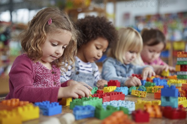 Children developing creativity while playing painting and drawing games at the table at daycare facility, AI generated