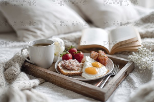 Breakfast in bed on vacation at a luxury hotel room with beautiful ocean view, AI generated