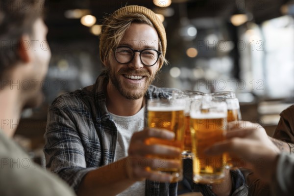 Cheerful man and his friends toast with beer while gathering in bar for the celebration event, AI generated