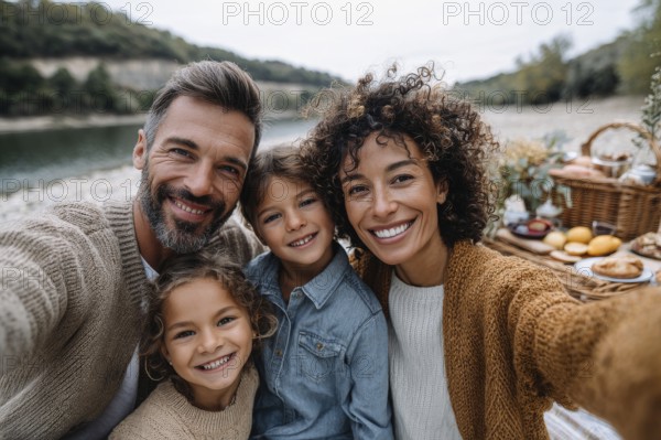 Cheerful happy family taking selfie on picnic on a family vacation day, AI generated
