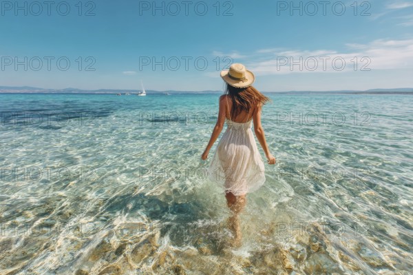 Caucasian model going into clear ocean water on summer vacation, AI generated