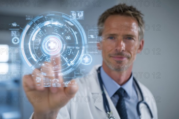 Doctor touching a medical interface in the hospital. Concept of new medical technologies and research and development in advanced medical facility, AI generated