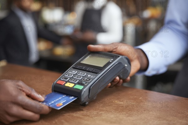 Businessman using payment terminal, credit card is inserted in POS to complete digital payment, AI generated